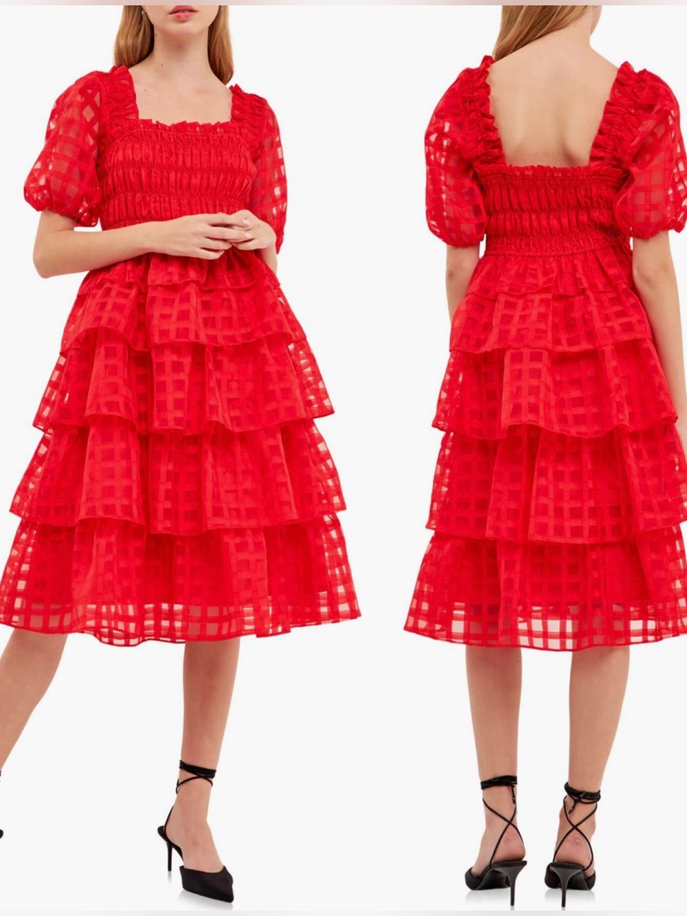 English Factory Check Organza Tiered Midi Dress with Puff Sleeves